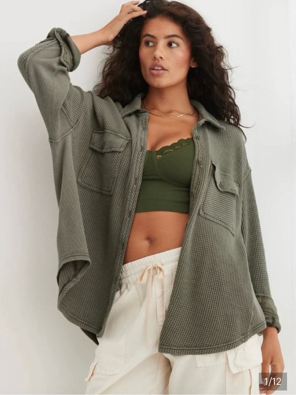 AERIE Lumberjane Waffle Olive green brown Shirt Small